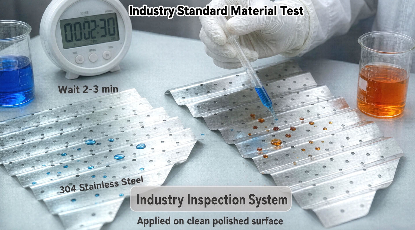Side-by-side comparison of 304 and 316L stainless steel structured packing sheets