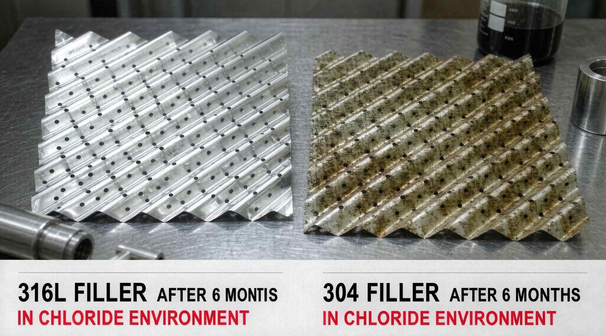 Severe pitting corrosion on 304 stainless steel vs intact 316L surface