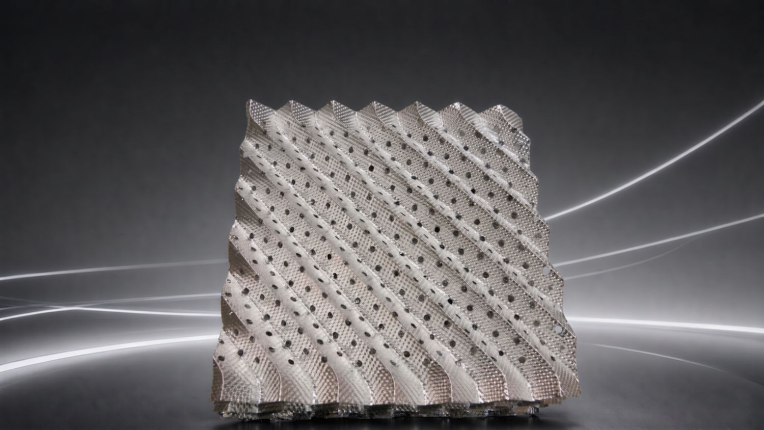 Close-up of corrugated sheet metal structured packing showing 45-degree Y-type angle and uniform flow channels